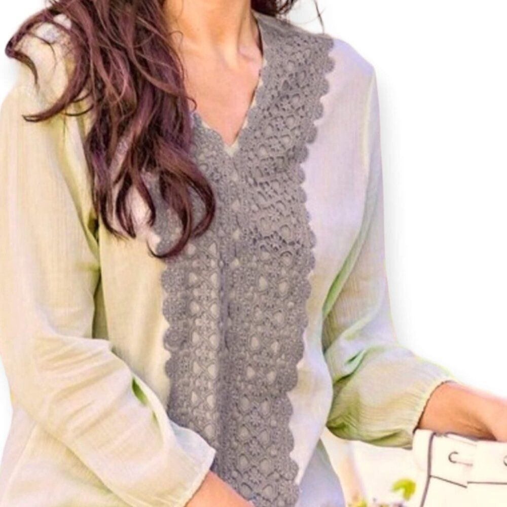 Sage V-Neck Long Sleeve Embroidered Panel Cotton Tunic - NEW